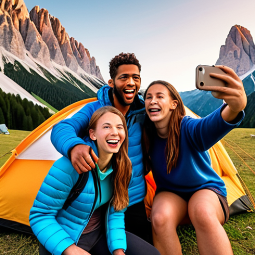 Home 4 **
A diverse group of young adults laughing and taking selfies while camping in the Dolomites, showcasing modern camping equipment and breathtaking mountain scenery. Focus on the feeling of adventure and connection with nature, using warm, inviting lighting.
**