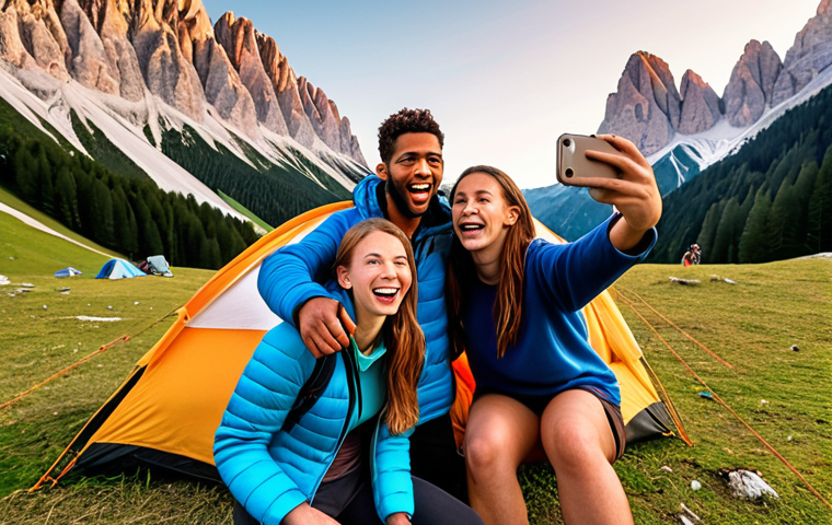 **

A diverse group of young adults laughing and taking selfies while camping in the Dolomites, showcasing modern camping equipment and breathtaking mountain scenery. Focus on the feeling of adventure and connection with nature, using warm, inviting lighting.

**